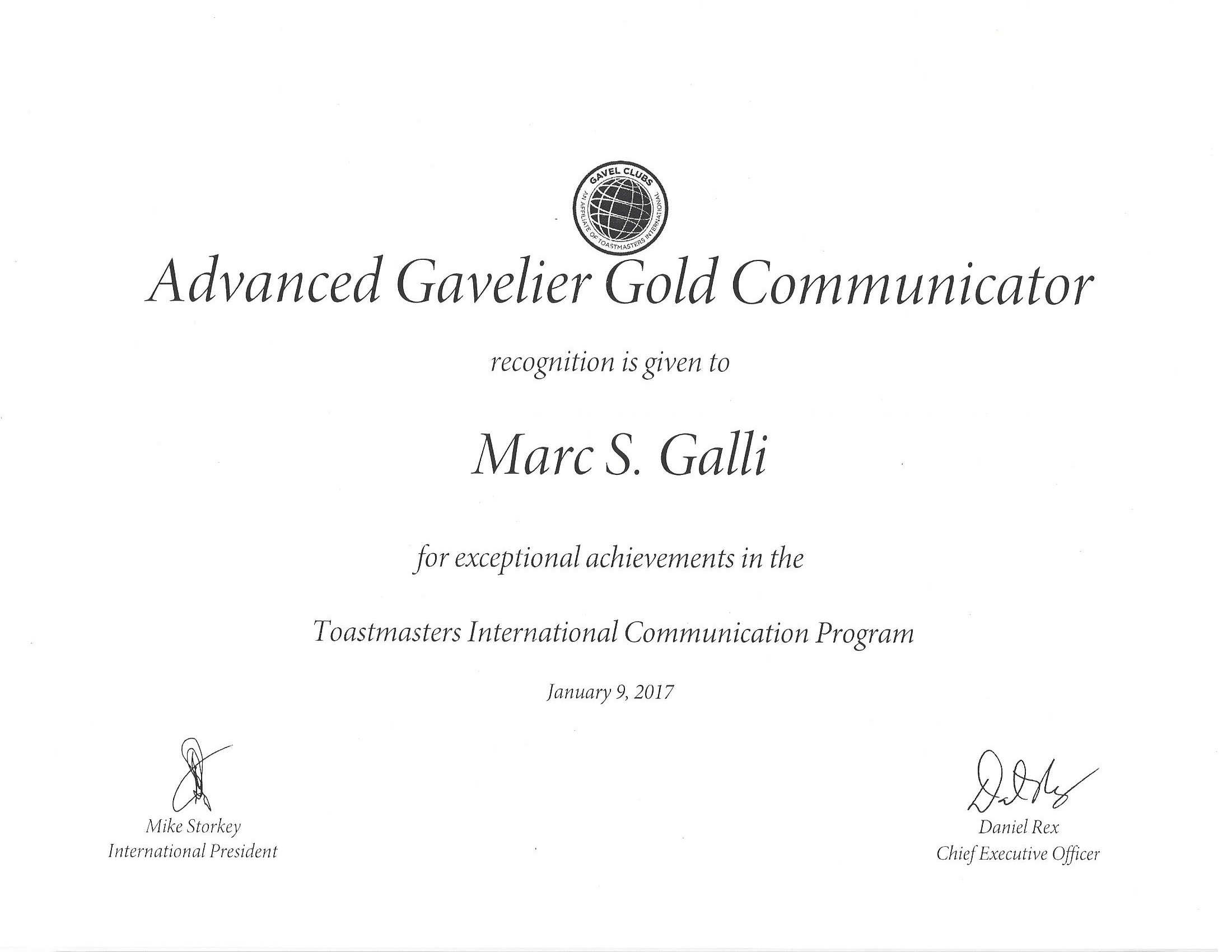 Marc Galli, Toastmasters International, ACG, Advanced Communicator Gold